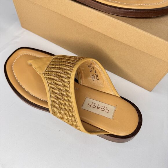 Coach Sz 7.5B Woven Square Toe Thong Sandals Nadya Des Desert Brown Leather J375 - Picture 2 of 12